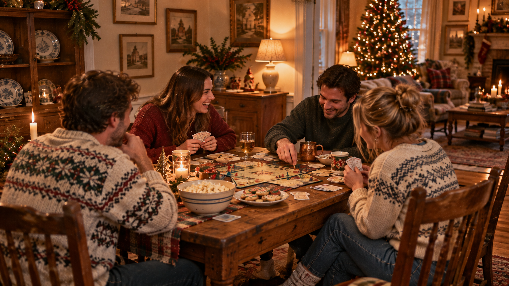 Friends in Christmas sweaters laughing around a candlelit table over a board game and snacks