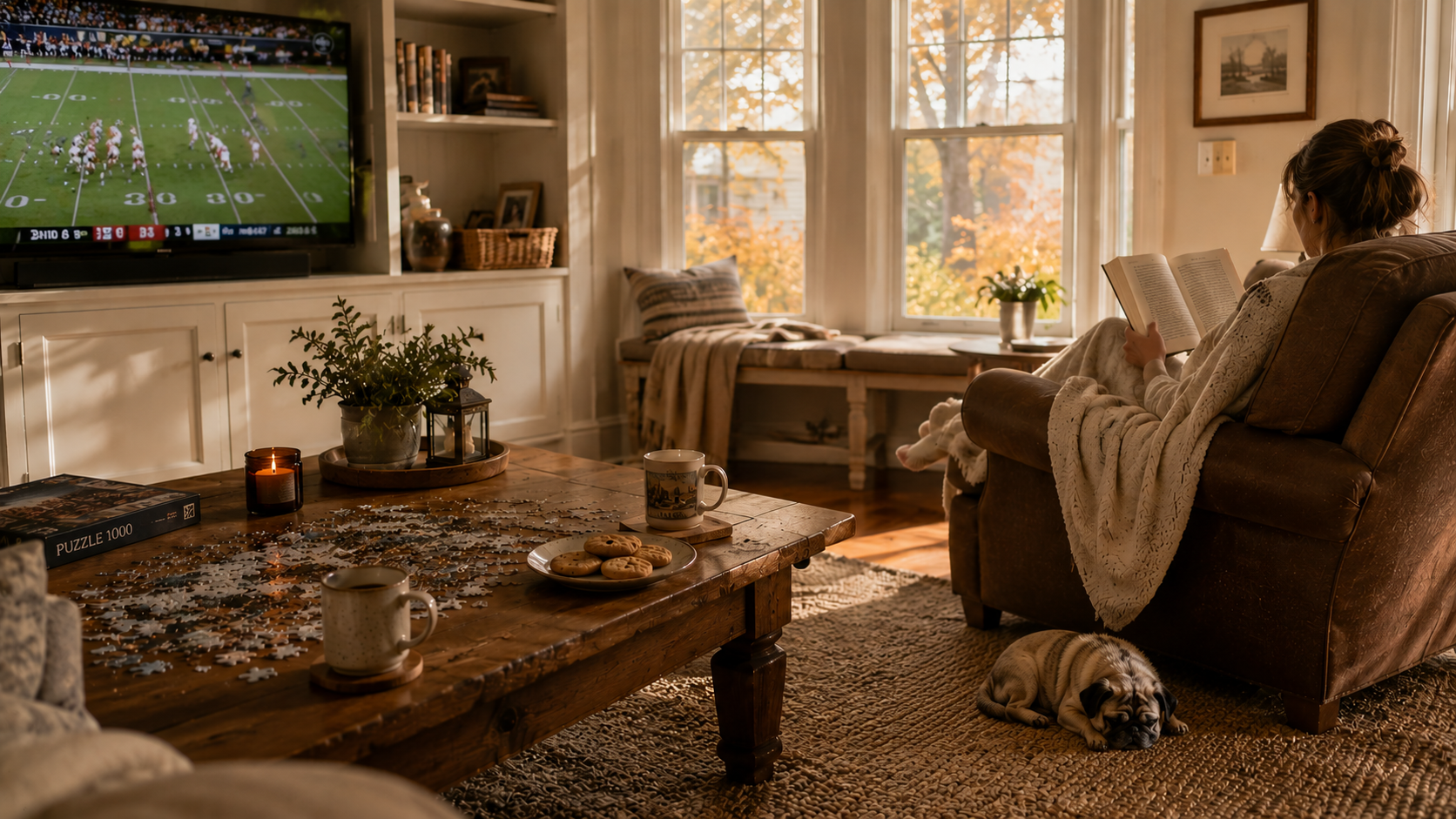 Woman reading on a couch with a sleeping pug, football game on TV, and a half-finished puzzle on a wooden coffee table