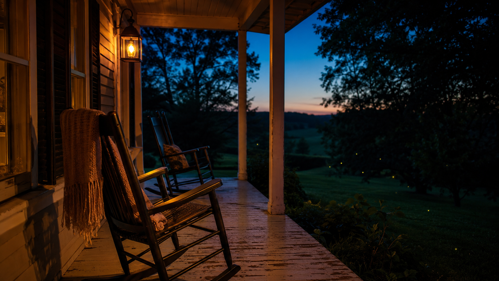 Two empty rocking chairs on a farmhouse porch at twilight, lit by a lantern with fireflies glowing in the field beyond.
