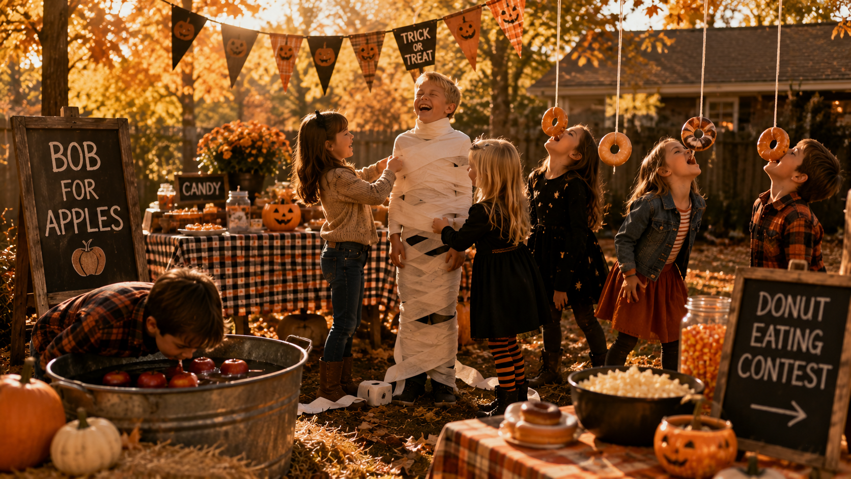 Kids playing classic Halloween games at a backyard party, including apple bobbing, donut eating, and a mummy wrap contest.