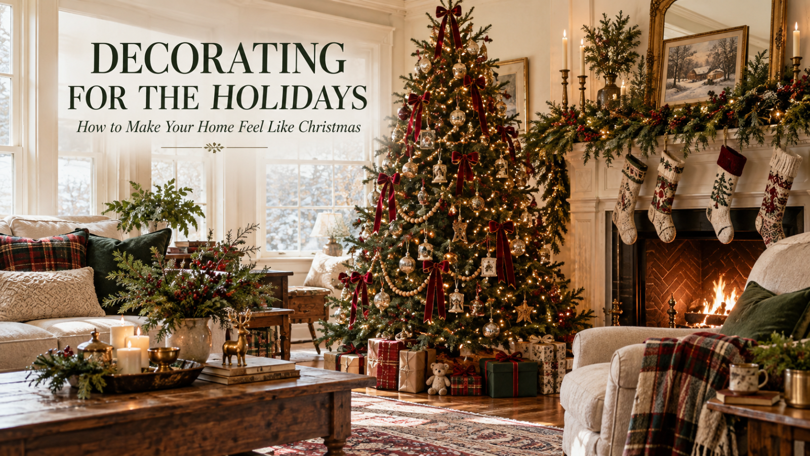 Decorating for the Holidays: How to Make Your Home Feel Like Christmas, over a cozy living room with a lit Christmas tree with red velvet bows, a garland-draped mantel with stockings, and a crackling fireplace