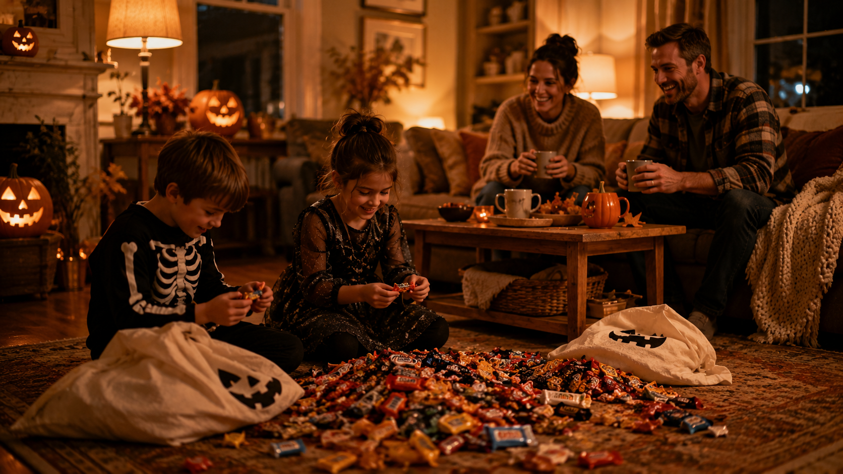 Kids in Halloween costumes dumping pillowcases of candy onto the living room floor while parents watch nearby.