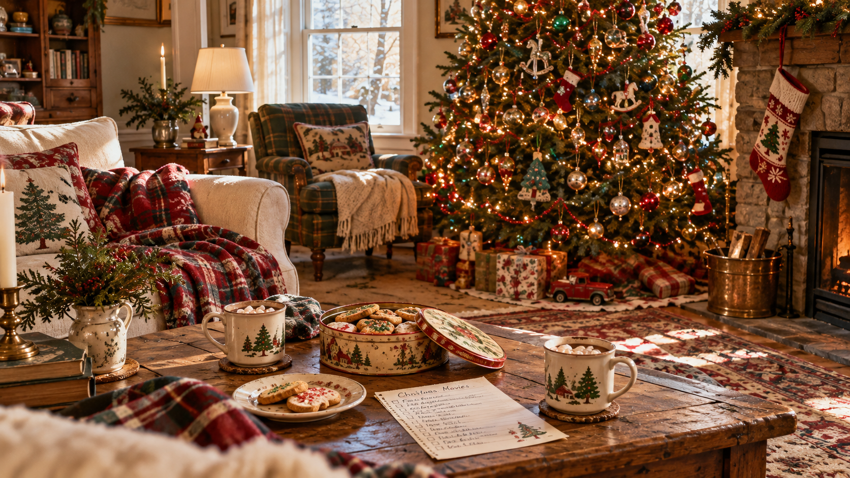 Cozy living room with a glowing Christmas tree, a fire in the fireplace, a cookie tin, cocoa mugs and a handwritten list on the coffee table