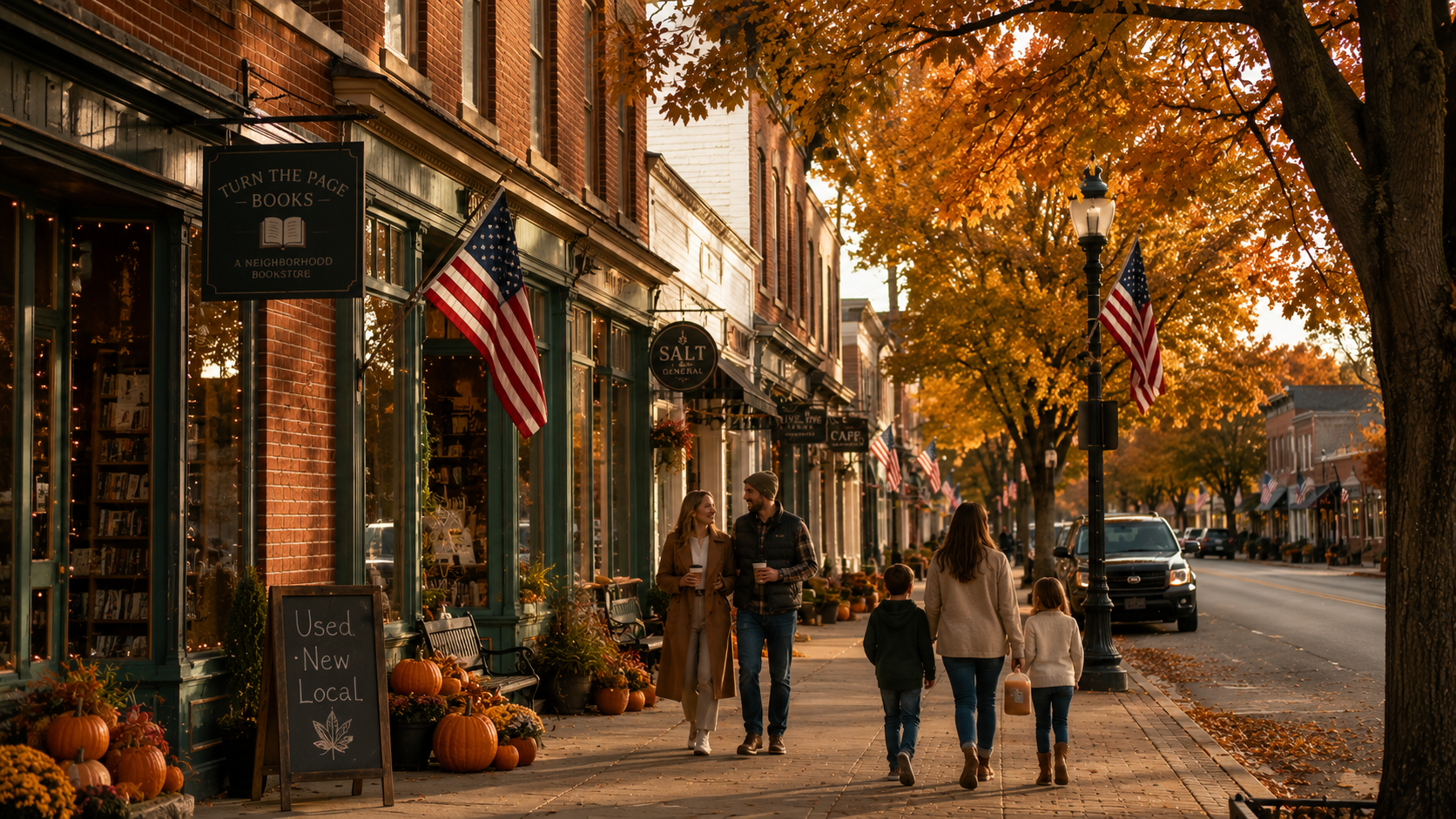 Family walking past a small-town bookstore and general store decorated with pumpkins and American flags on a crisp autumn afternoon