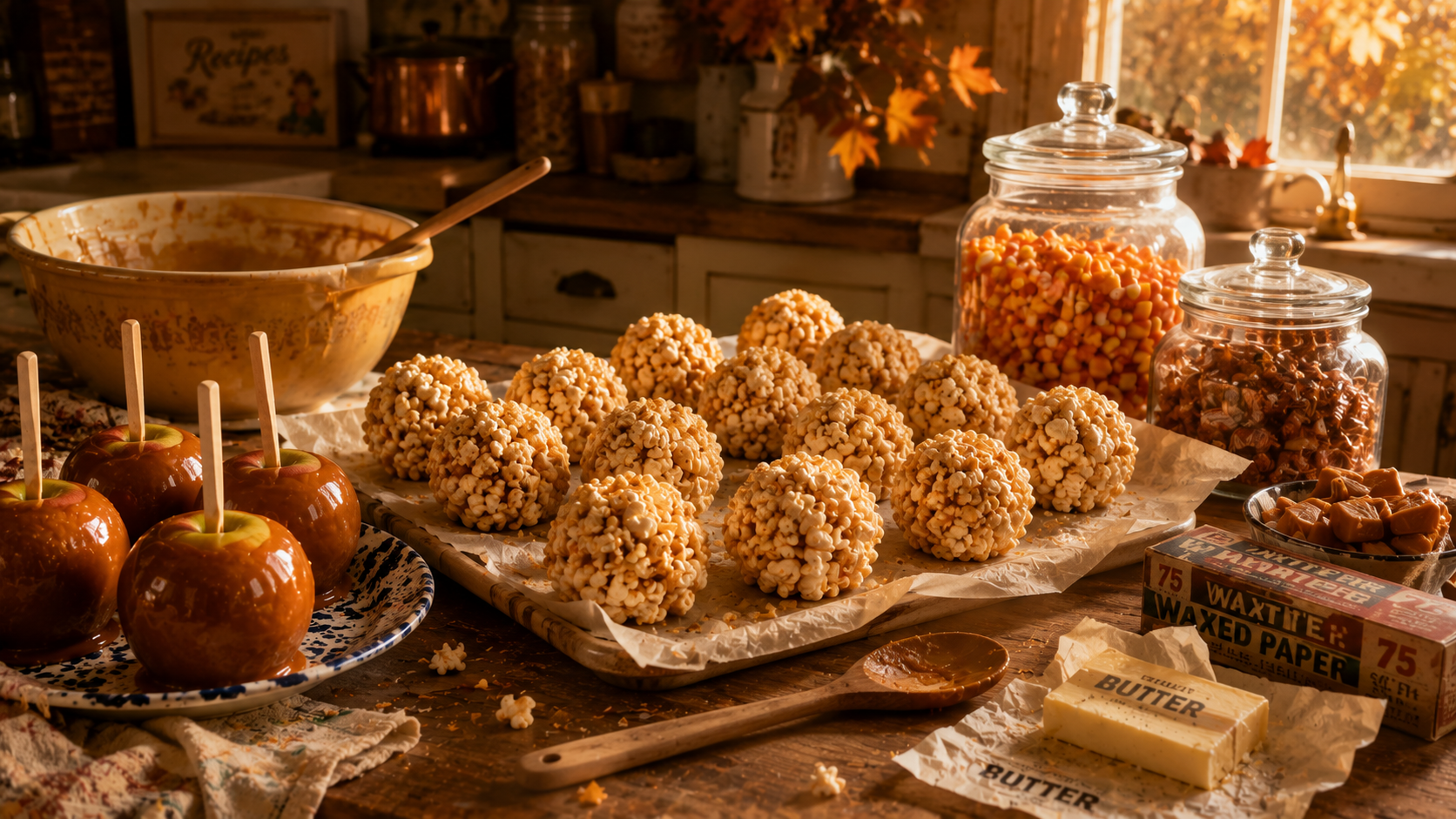 Homemade popcorn balls and caramel apples cooling on a rustic kitchen counter with candy corn and wax paper.