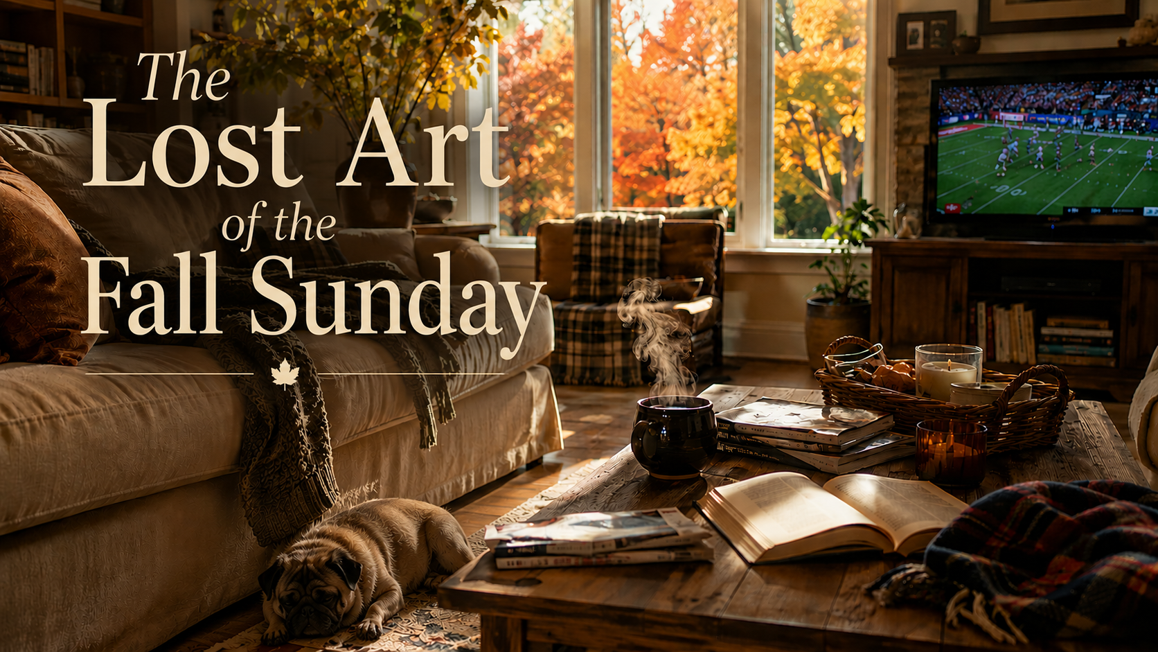 Blog banner reading 'The Lost Art of the Fall Sunday' over a cozy living room scene with a sleeping pug, football game, and coffee table books