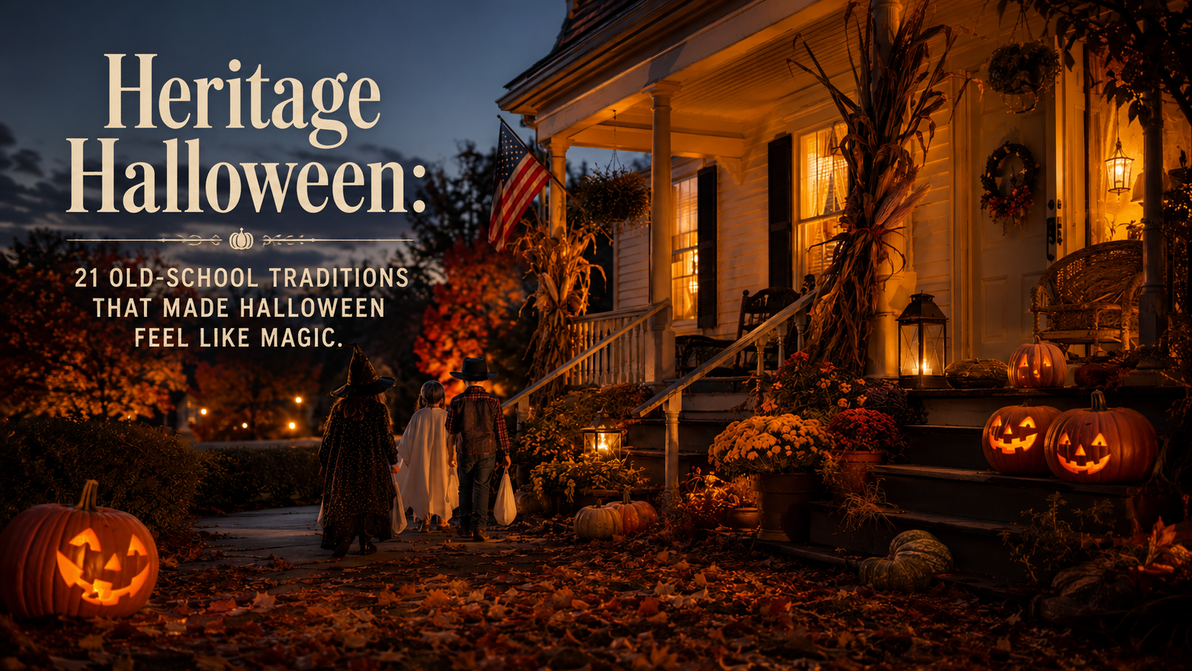Heritage Halloween: 21 old-school traditions that made Halloween feel like magic — kids trick-or-treating up to a decorated farmhouse porch with glowing jack-o'-lanterns at dusk