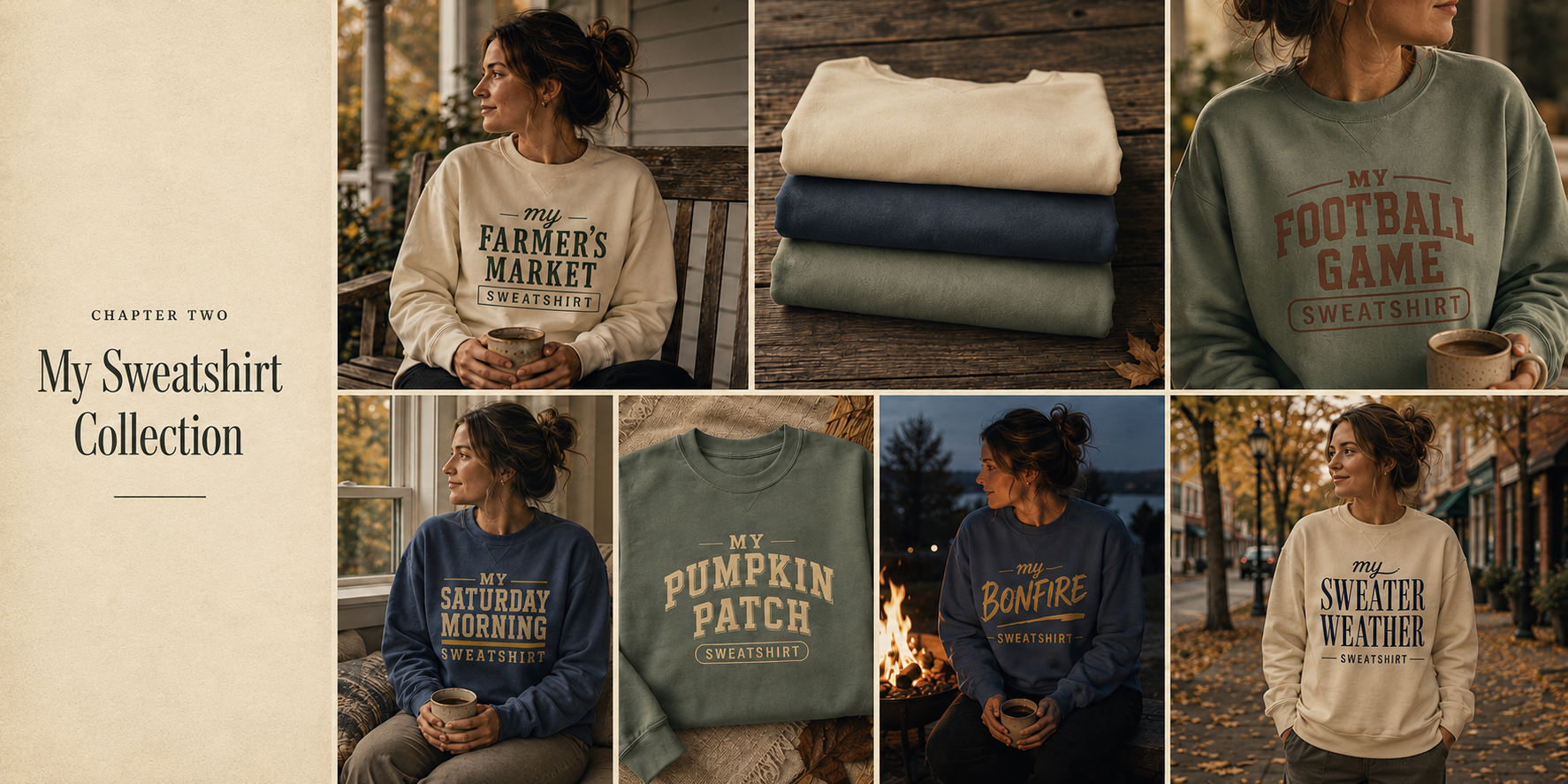 My Sweatshirt Collection chapter header with lifestyle and flat lay photos of cozy fall sweatshirts, including Farmer's Market, Football Game, Saturday Morning, Pumpkin Patch, Bonfire, and Sweater Weather