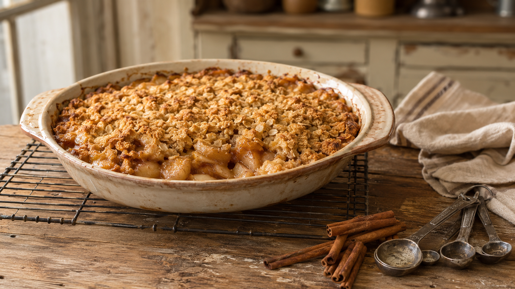 Baked apple crisp with oat crumble topping in a ceramic dish, cooling on a wire rack next to cinnamon sticks and vintage measuring spoons