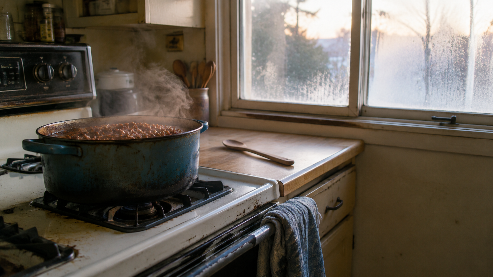 Enameled Dutch oven of chili simmering on a stovetop, steam rising, with a frosted kitchen window and wooden spoon on a cutting board.