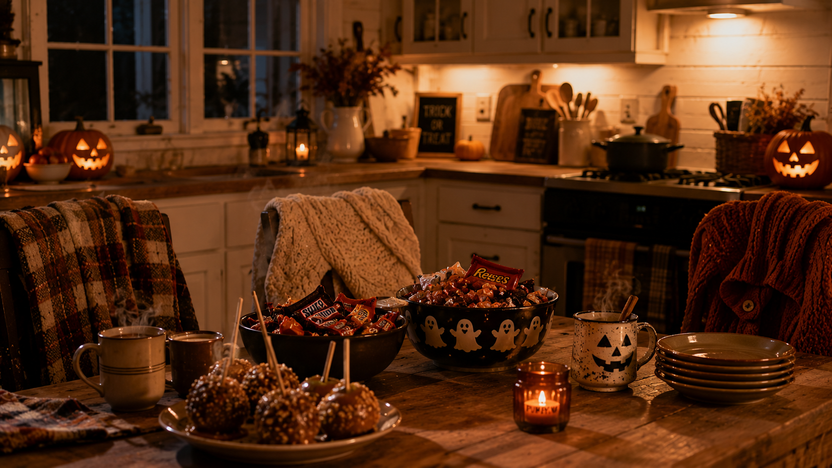 Farmhouse kitchen table with bowls of Halloween candy, caramel apples, and mugs of hot cider at night.