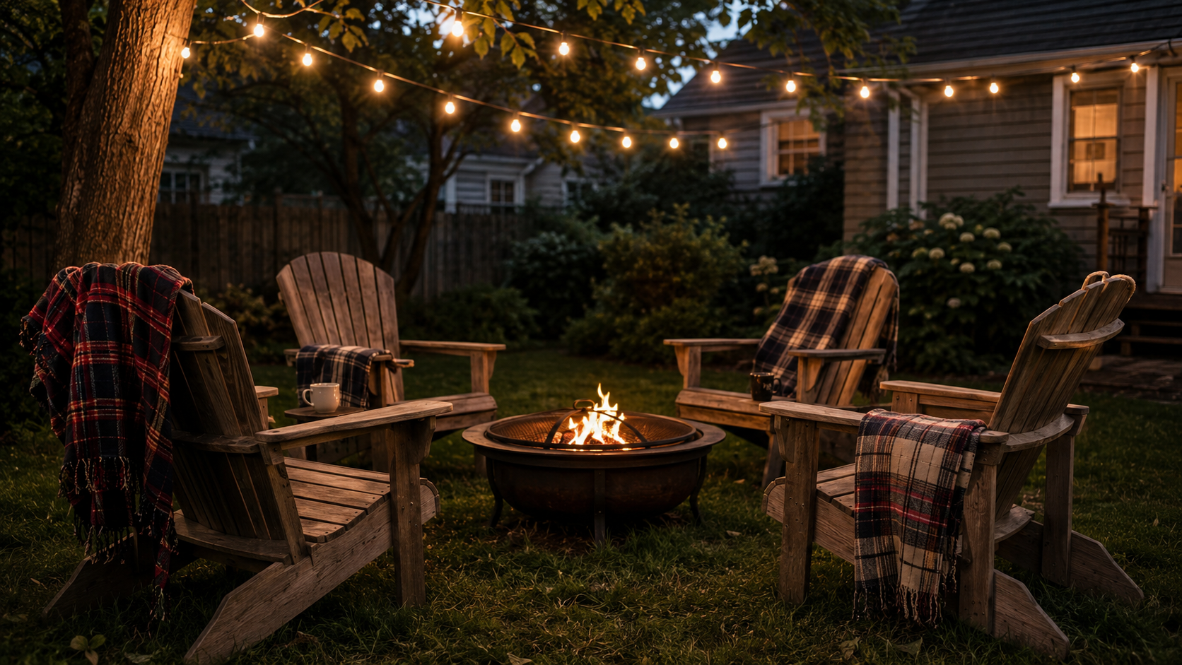 Four Adirondack chairs with plaid blankets circled around a crackling fire pit at dusk, strung with overhead string lights