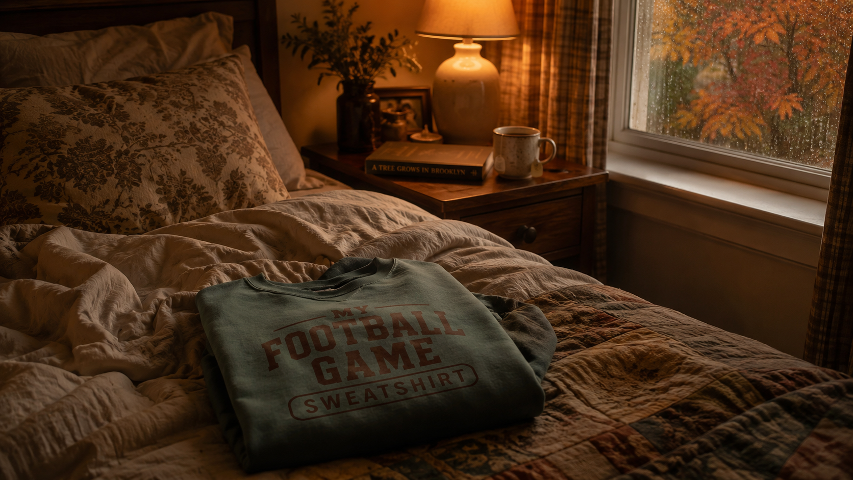 Folded 'My Football Game Sweatshirt' laid on a quilt beside a bedside lamp and rain-streaked window with fall trees outside