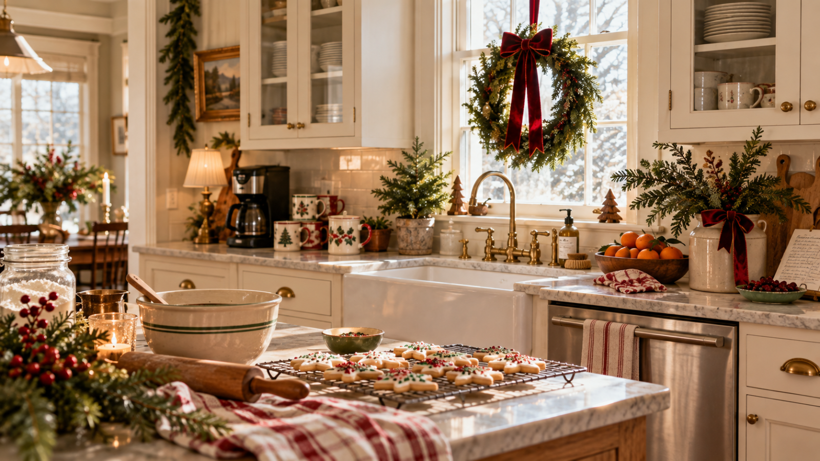 Farmhouse kitchen decorated for Christmas, with sugar cookies cooling on a rack, a rolling pin and mixing bowl, a wreath with a velvet bow in the window, clementines in a wooden bowl, and red plaid dish towels