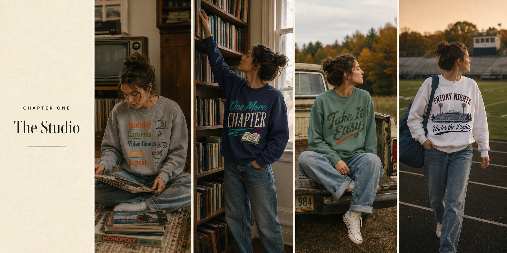 The Studio chapter header with four lifestyle photos of a woman wearing nostalgic graphic sweatshirts, including Saturday Cartoons, One More Chapter, Take It Easy, and Friday Nights Under the Lights