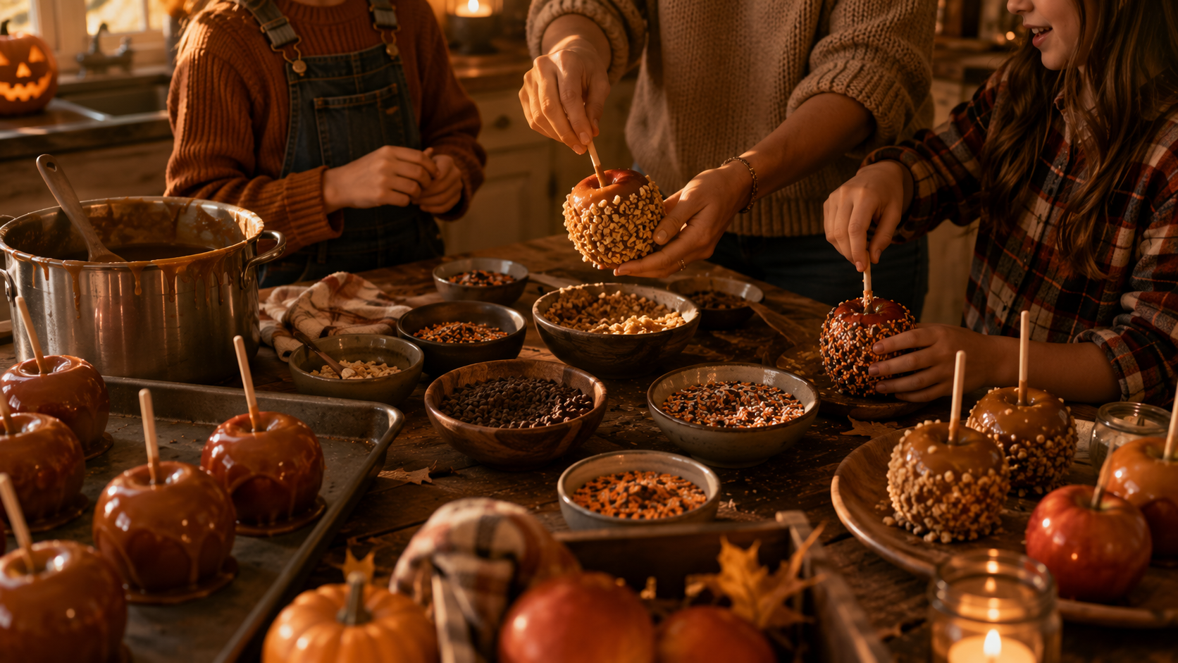 Family decorating homemade caramel apples with nuts, sprinkles, and chocolate chips at a rustic kitchen counter.