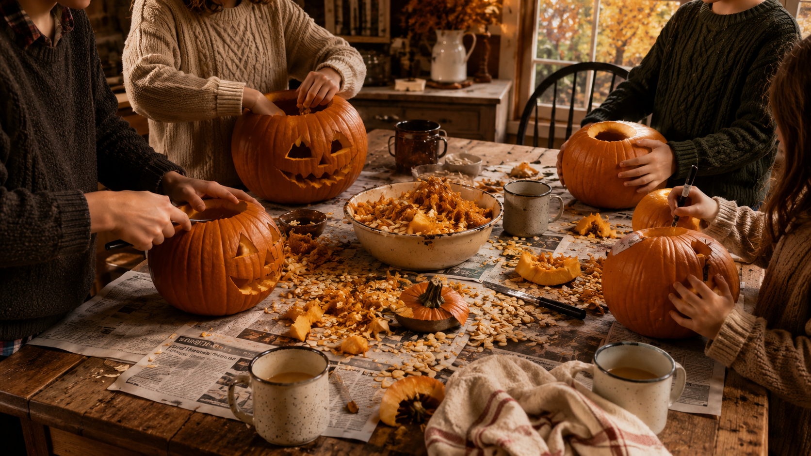 Family carving jack-o'-lanterns together at a kitchen table covered in newspaper, pumpkin seeds, and mugs of hot apple cider.