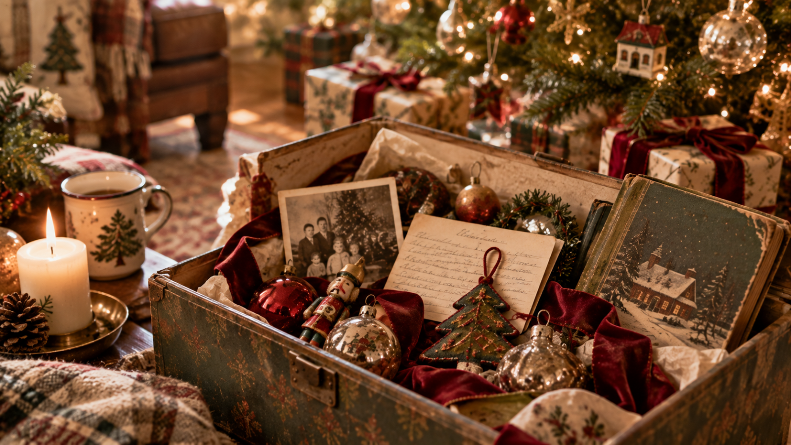 Antique trunk of Christmas keepsakes, including vintage glass ornaments, a nutcracker, a felt tree ornament, a handwritten recipe card, an old black-and-white family photo, and a worn Christmas storybook, beside a lit candle and tree-print mug