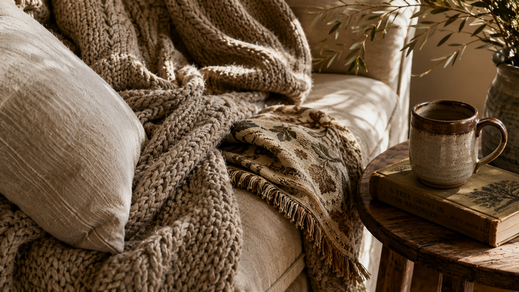 Close-up of a chunky knit throw and floral tapestry blanket draped over a couch, with a ceramic mug on a stack of vintage books nearby.