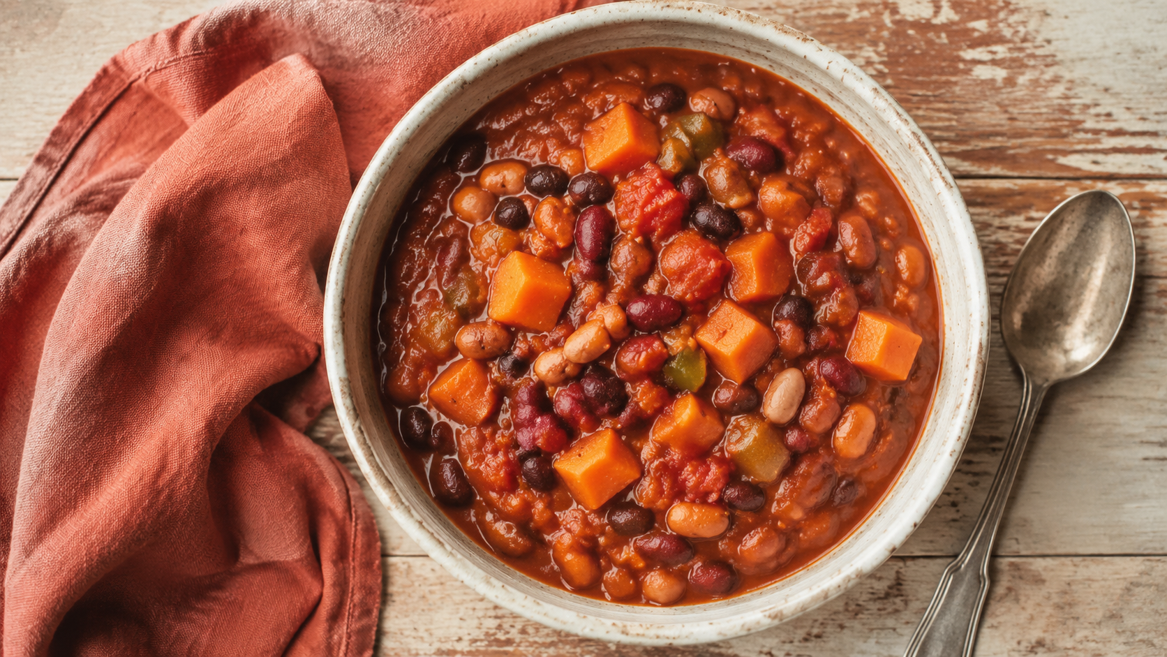 Overhead view of vegetarian chili with sweet potato, black beans, kidney beans, and pinto beans in a stoneware bowl