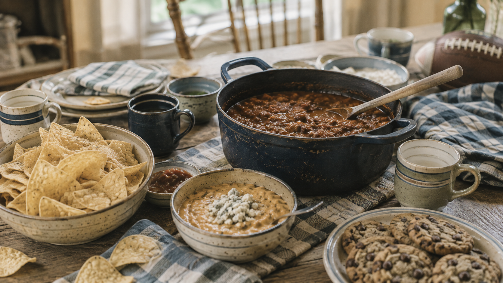 Football Sunday snack table with chili in a cast iron pot, blue cheese dip, tortilla chips, salsa, and chocolate chip cookies on a checked linen tablecloth