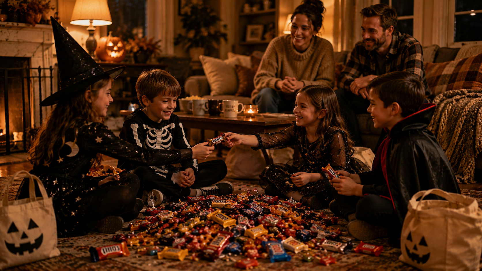 Children in Halloween costumes trading candy on the living room floor after trick-or-treating.