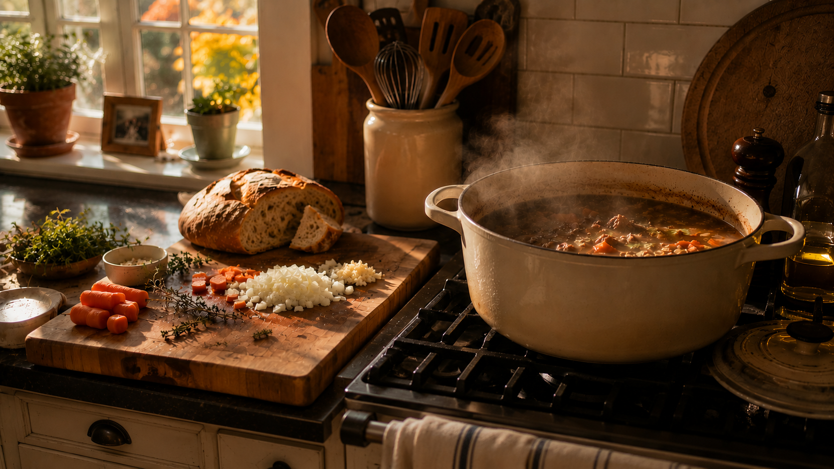 Pot of steaming stew on a stovetop next to fresh-baked bread and diced vegetables on a farmhouse kitchen counter