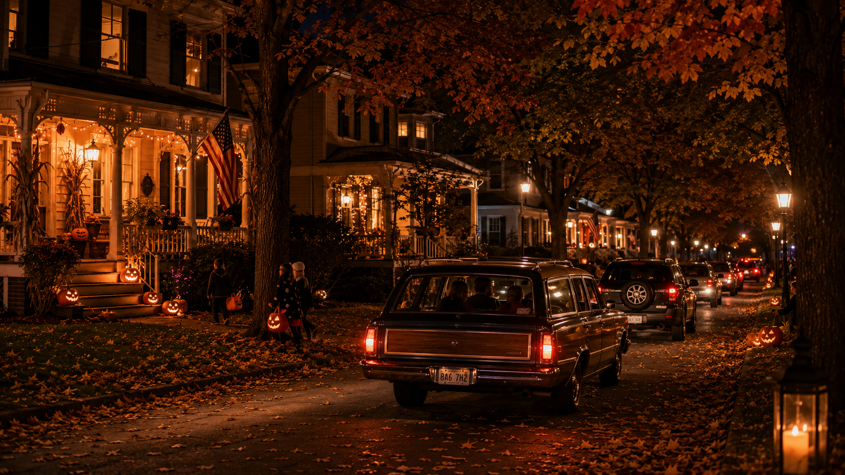 Station wagon driving through a decorated neighborhood at night past glowing jack-o'-lanterns and lit porches.