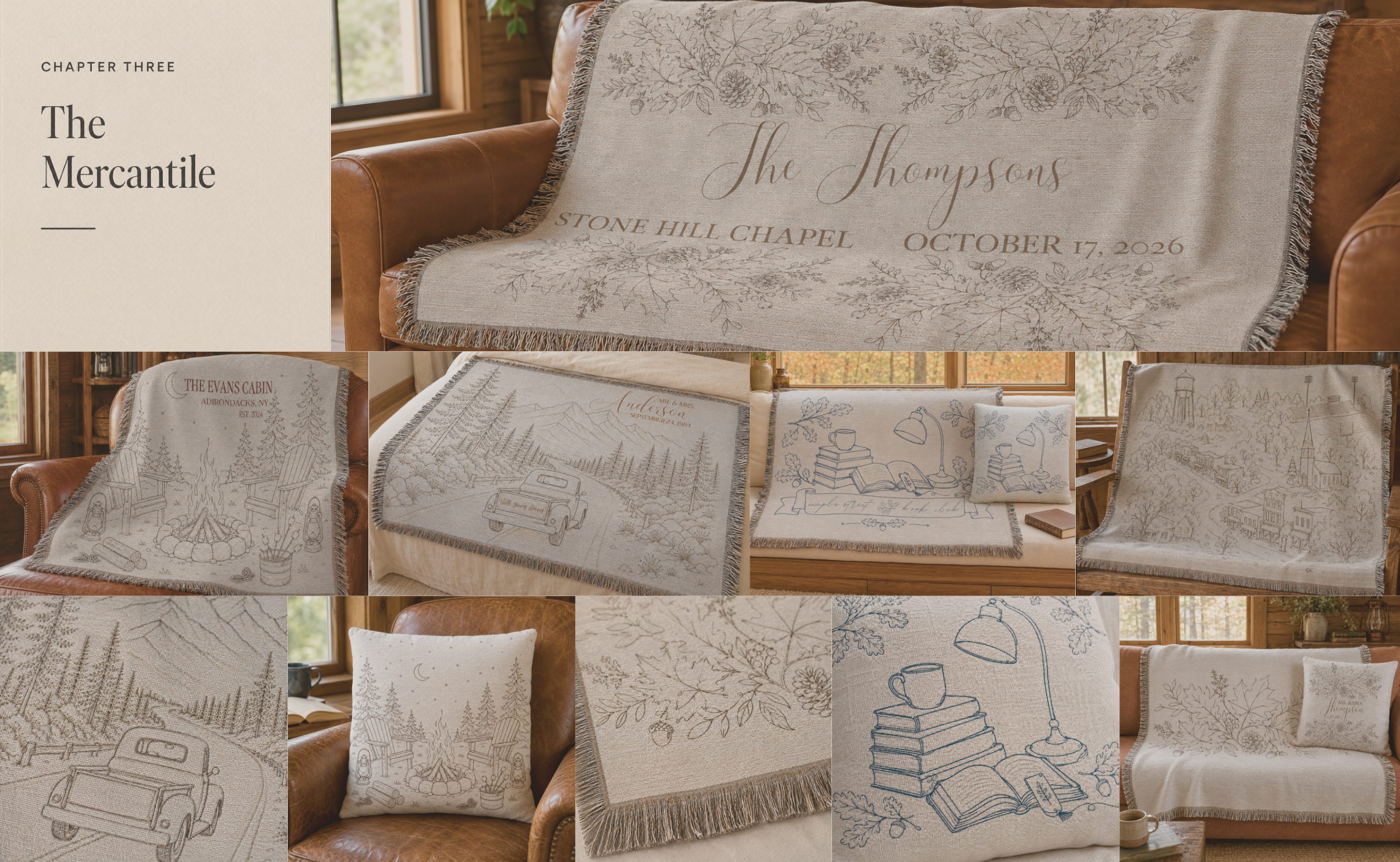 The Mercantile chapter header with personalized woven blankets and pillows, including a wedding blanket and cabin- and mountain-themed designs, styled in a rustic cabin living room