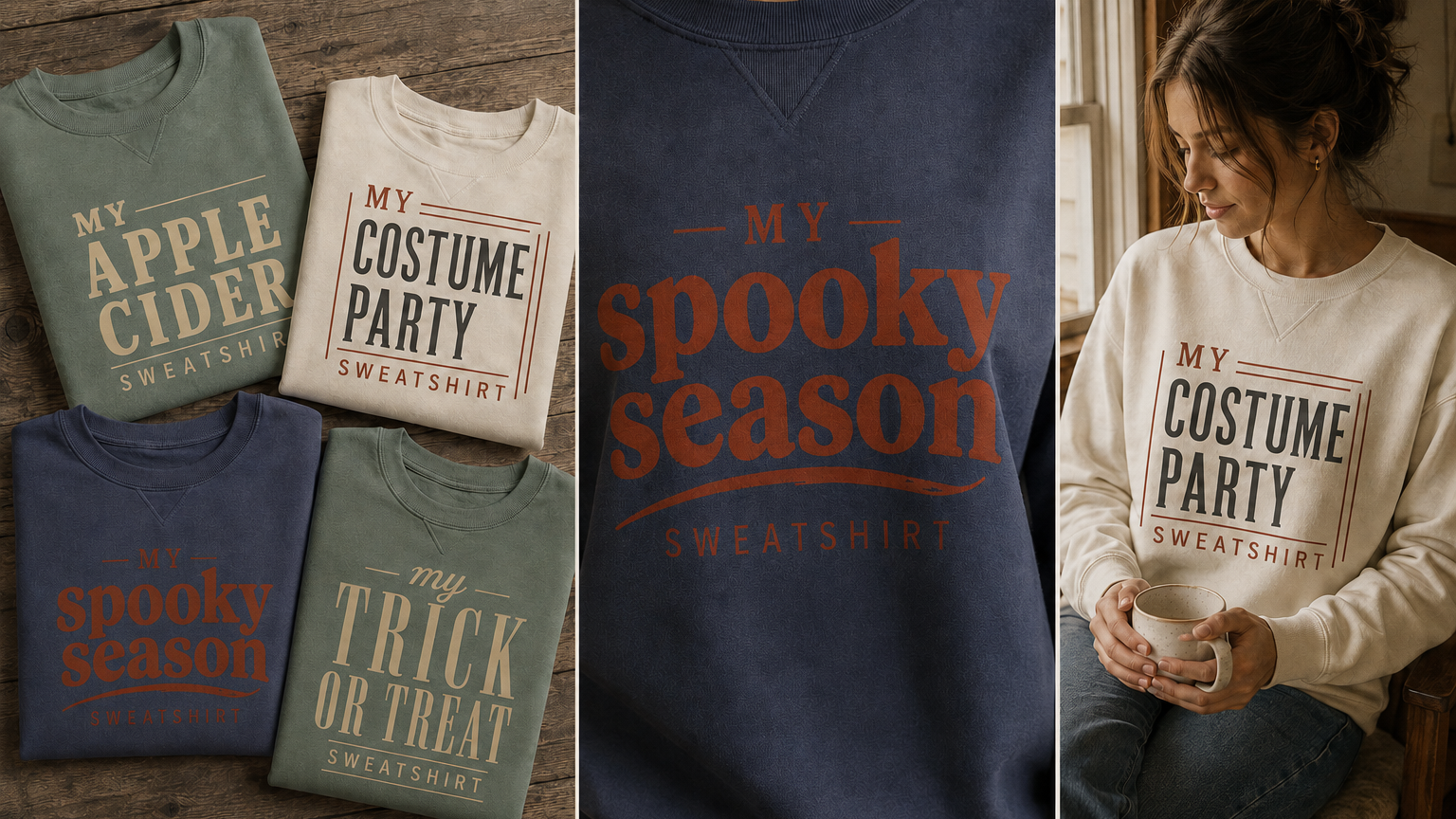 Folded and worn Halloween-themed sweatshirts, including My Apple Cider, My Costume Party, My Spooky Season, and My Trick or Treat
