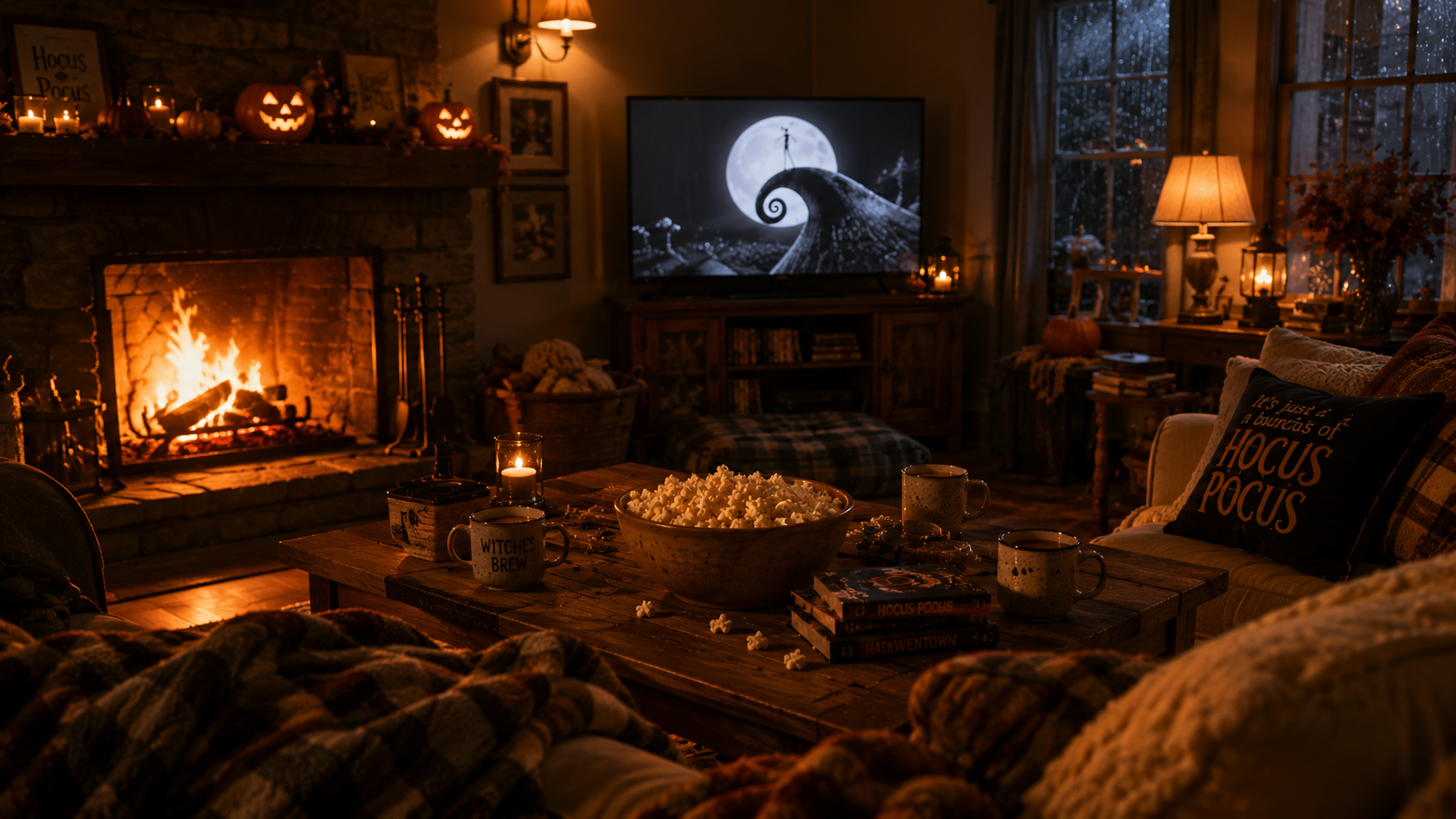 Cozy living room with a crackling fireplace, popcorn, and cider mugs during a classic Halloween movie night.