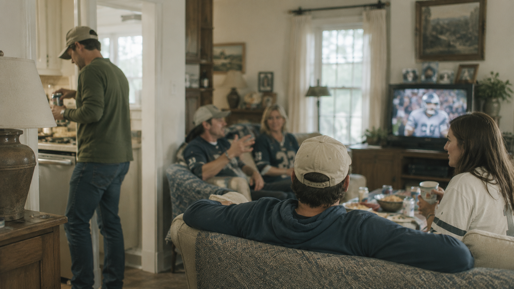 Family and friends gathered in a living room in team jerseys watching a football game on TV, snacks on the coffee table