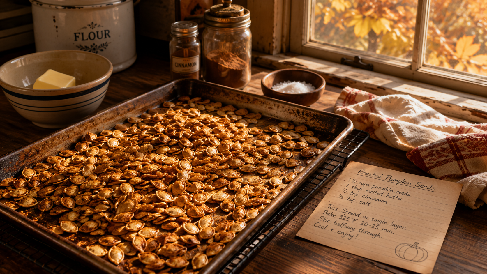 Tray of roasted pumpkin seeds cooling on a wire rack next to a handwritten recipe card and jar of cinnamon.
