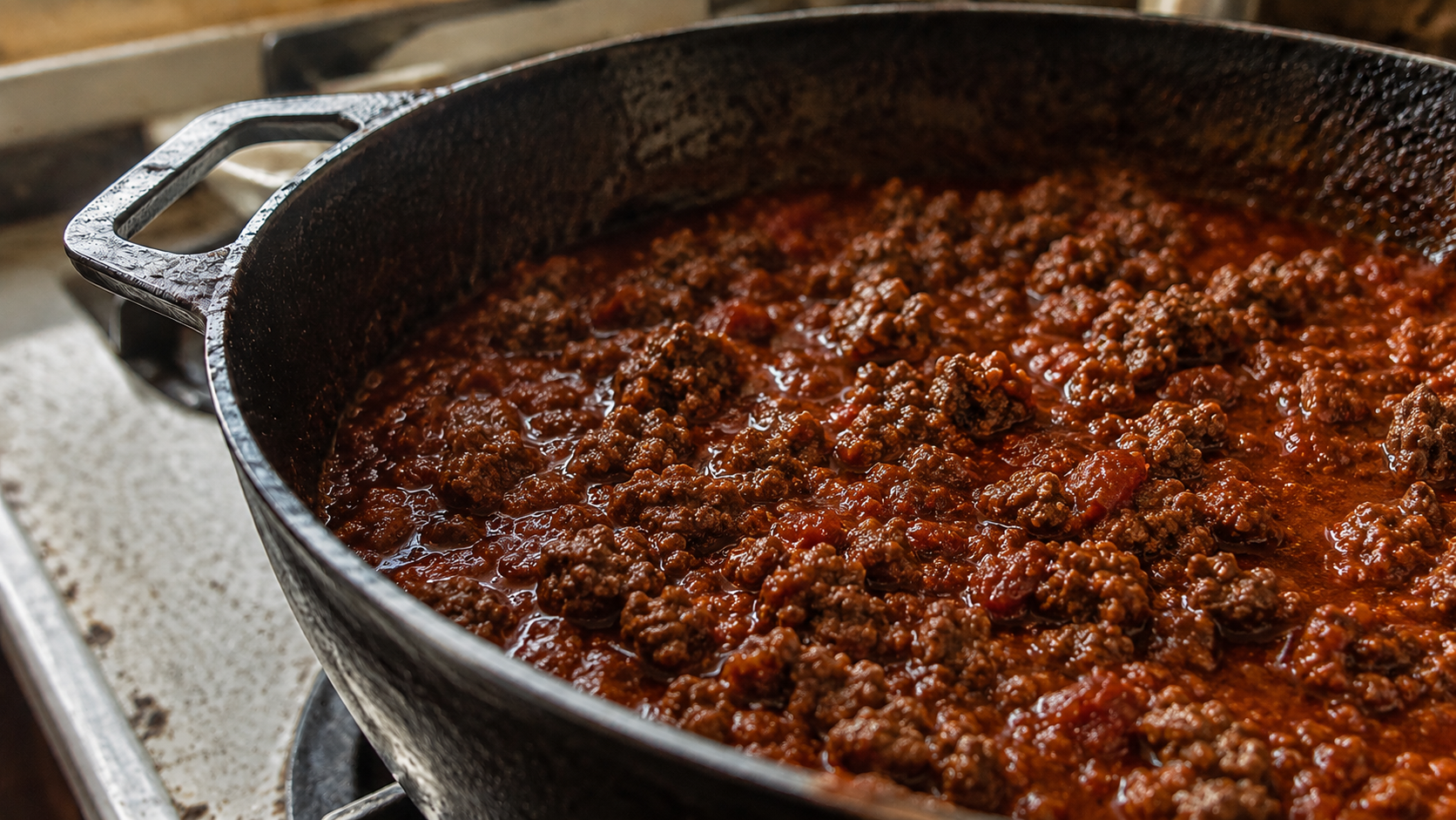 Close-up of no-beans Texas-style chili simmering in a cast iron pot, rich red broth with ground beef