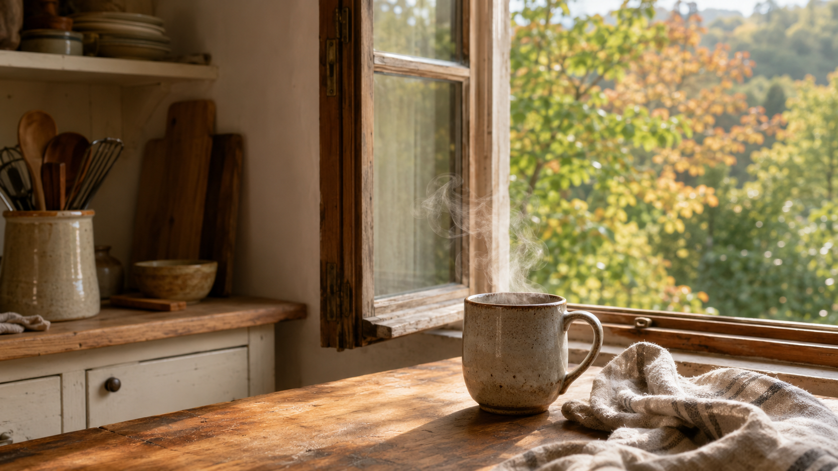Steaming mug on a rustic kitchen windowsill overlooking autumn trees, with cutting boards and utensils on the counter behind.