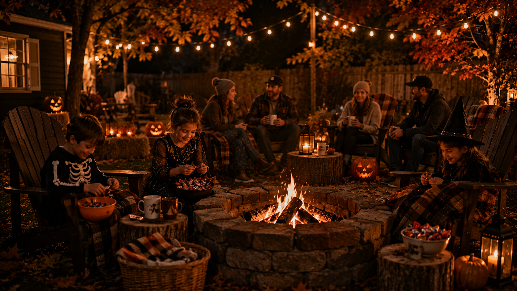 Family in Halloween costumes gathered around a backyard bonfire with string lights and bowls of candy.