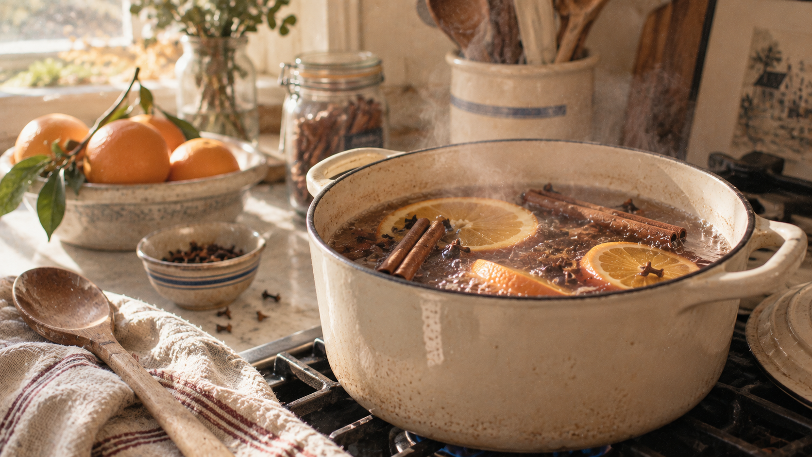 Cinnamon sticks, cloves, and orange slices simmering in a pot on the stovetop, filling the kitchen with the smell of Thanksgiving before the turkey is cooked
