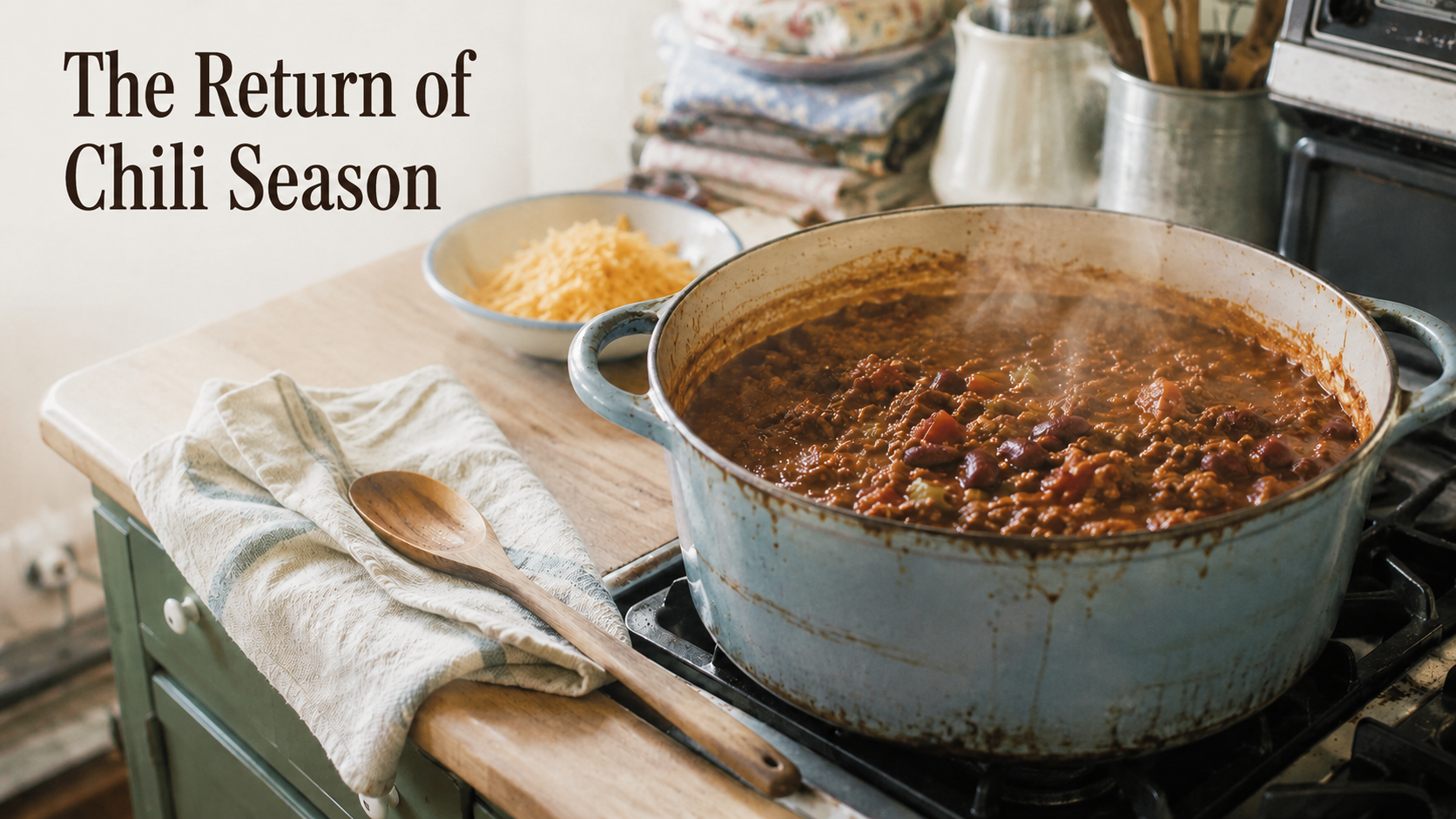 The Return of Chili Season blog banner showing a pot of chili simmering on a vintage stovetop beside a bowl of shredded cheese.