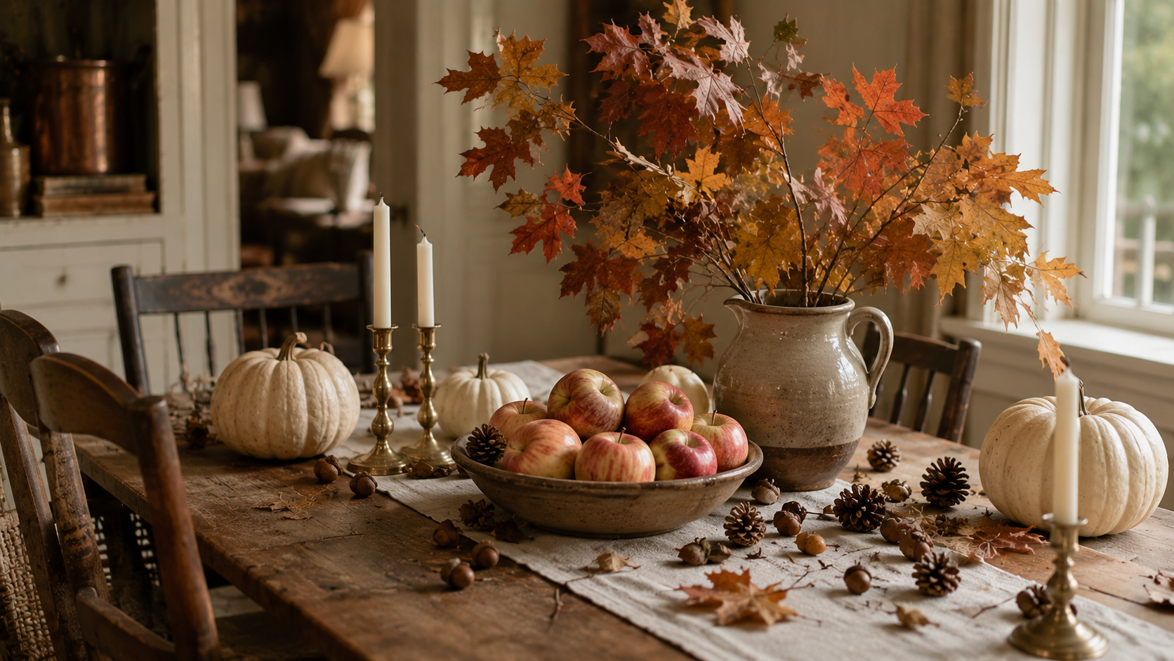 Rustic dining table styled with white pumpkins, a bowl of apples, brass candlesticks, and a pitcher of fall foliage