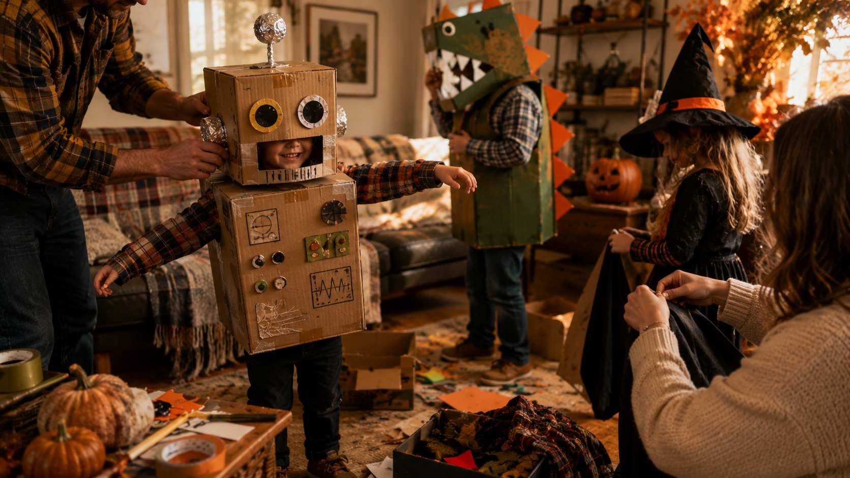 Family helping kids into homemade Halloween costumes, including a cardboard robot and a dinosaur costume, in a cozy living room.
