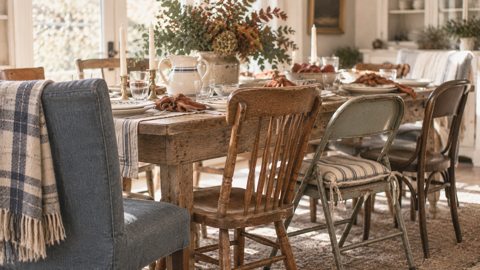 Mismatched dining chairs, including wood spindle-back, denim upholstered, and vintage metal folding chairs, gathered around a Thanksgiving table set with candles and rust-colored napkins