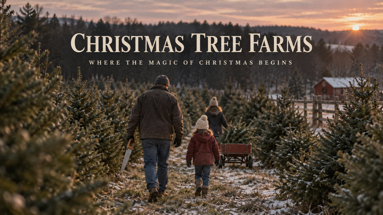 Family walking between evergreen rows at sunset to choose a Christmas tree, with a hand saw and red wagon nearby.