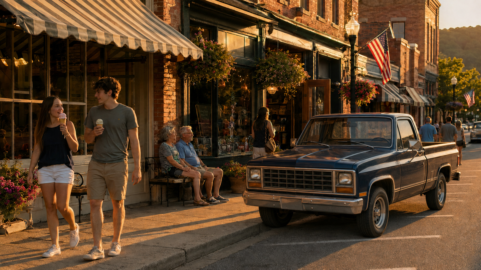 Young couple eating ice cream on a small-town Main Street at golden hour, with brick storefronts and a vintage blue pickup truck.