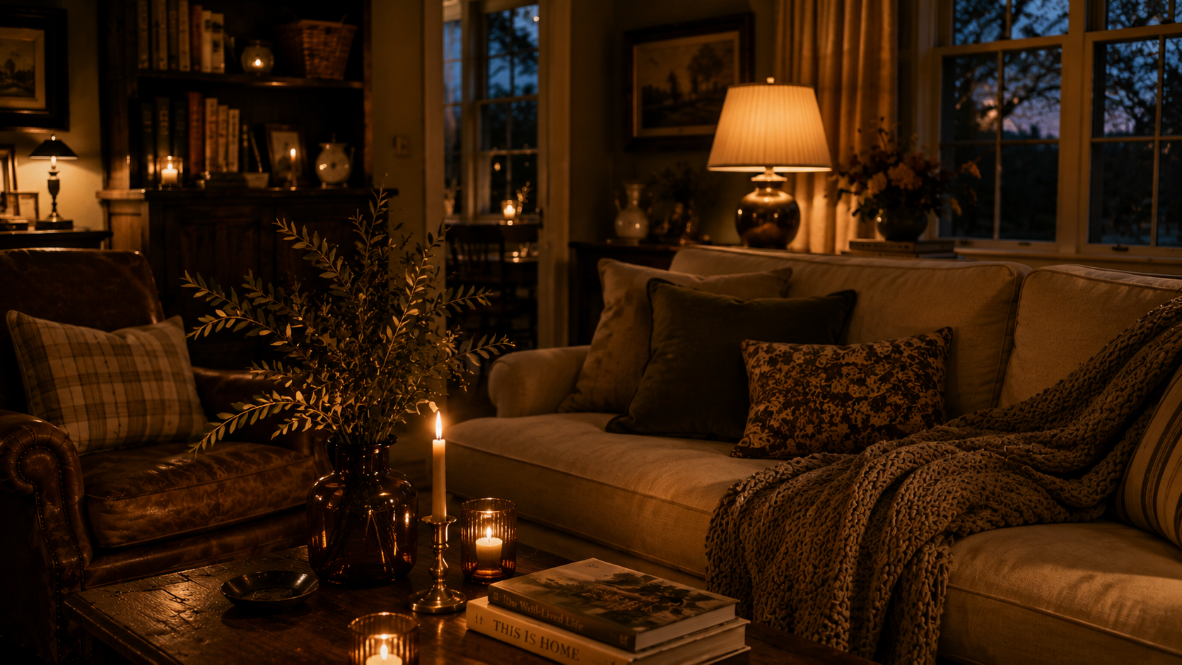 Cozy candlelit living room at dusk with a leather armchair, plaid pillow, and couch layered with knit throws and pillows.