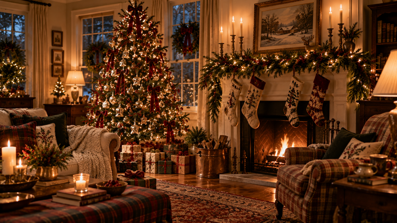 Cozy Christmas living room at night with a glowing lit tree, presents underneath, a garland-covered mantel with stockings, a fire in the fireplace, plaid armchairs, and candles on the coffee table