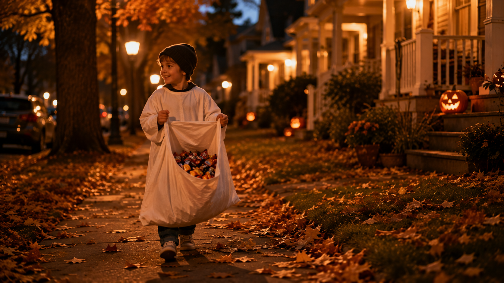 Child in a ghost costume carrying a pillowcase full of Halloween candy down a leaf-covered sidewalk.