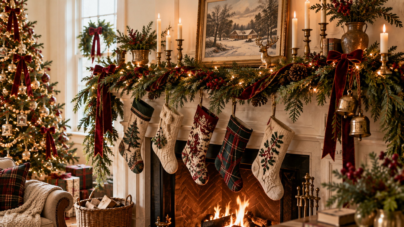 Christmas mantel decorated with evergreen garland, red berries, pinecones, and velvet ribbon, with five vintage-style stockings, brass bells, candlesticks, a brass reindeer, and a framed snowy farmhouse painting above a lit fire