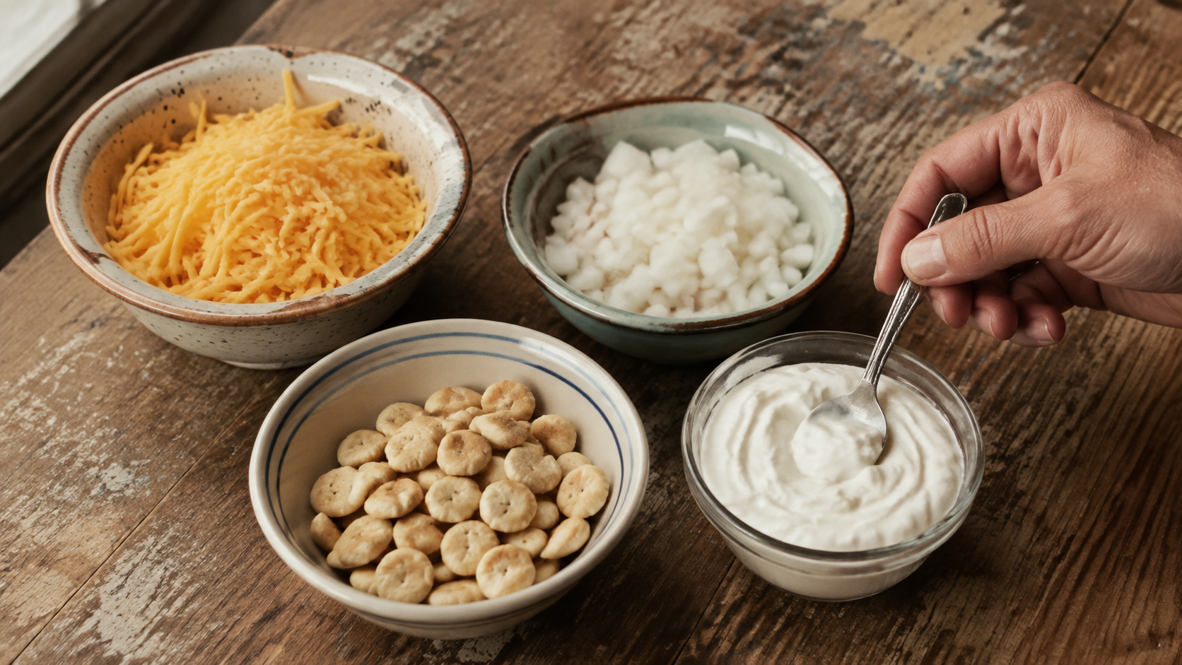 Chili toppings bar with bowls of shredded cheese, diced onion, oyster crackers, and sour cream, with a hand reaching in with a spoon