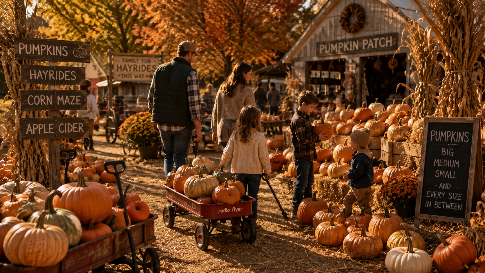 Family pulling a red wagon full of pumpkins through a fall pumpkin patch with hayride and corn maze signs.