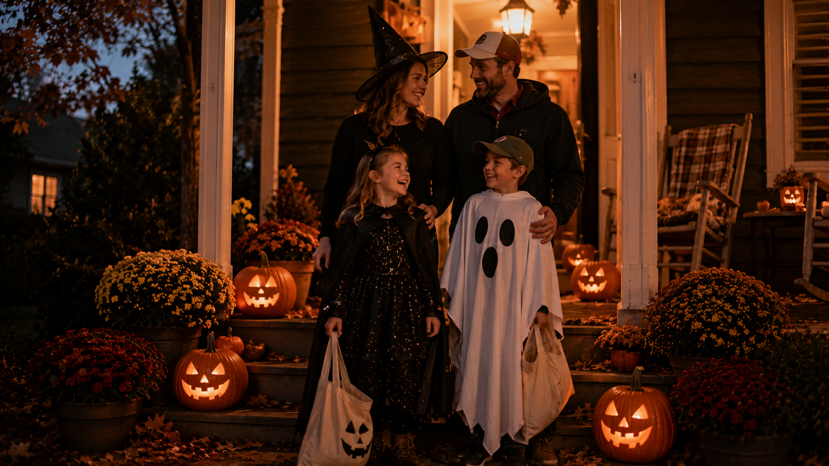 Family laughing together in Halloween costumes on a porch decorated with pumpkins and mums.